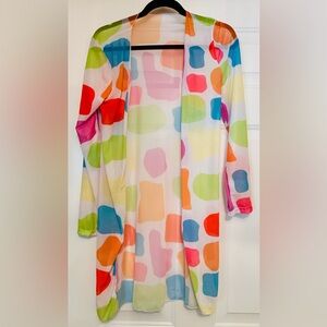 Betsy Moss Swimsuit Resortwear SM Sheer Cover Up Colorful Geometric Kimono